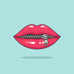 Red lips with zipper — vector illustration of closed mouth symbolizing silence, secrecy, or confidentiality on pastel blue background © Khayrull