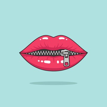 Red lips with zipper &mdash; vector illustration of closed mouth symbolizing silence, secrecy, or confidentiality on pastel blue background