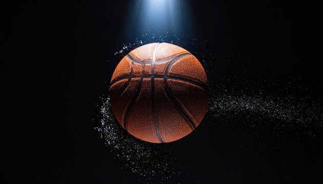 A Pixelated Basketball Explodes into Light Particles Under a Dramatic Spotlight Against a Dark Background Symbolizing Energy and Movement