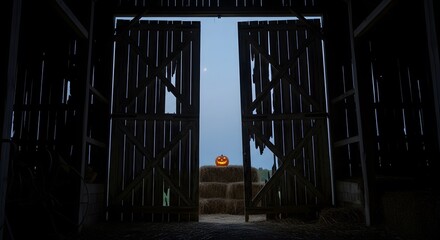 Naklejka premium A lit jackolantern sits on hay bales outside an open barn at dusk The wooden barn doors frame the scene