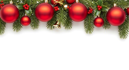 A festive Christmas garland featuring red baubles, holly berries, and green fir branches against a white background.