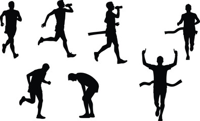 Silhouette vector illustration of running poses with hydration, fatigue, finish line victory, fitness exercise, sports competition, marathon training, athlete lifestyle