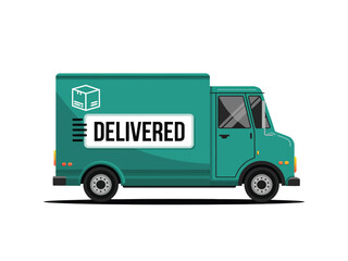 Turquoise delivery truck with "Delivered" sign, symbolizing successful logistics and shipping
