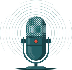 Vintage microphone broadcasting sound waves, symbolizing communication and audio recording