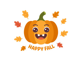 Joyful cartoon pumpkin with a big smile surrounded by colorful autumn leaves and the text "Happy Fall"