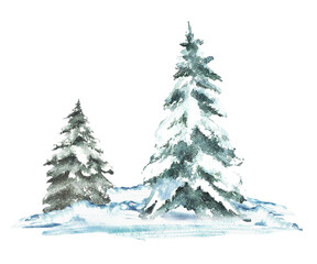 Fototapeta premium Winter Landscape with Christmas tree covered in snow. Snowy Hills, snowdrifts and frosty evergreen firs forest. Hand drawn watercolor illustration isolated from background. Clipart for holiday card. 