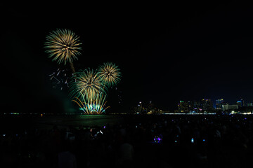 Beautiful colorful fireworks night scene shot at Pattaya International Fireworks Festival and silhouette Group of people tourist shoot and record firework show,