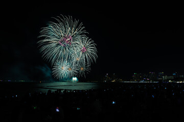 Beautiful colorful fireworks night scene shot at Pattaya International Fireworks Festival and...
