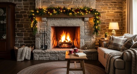 A cozy living room with a roaring fireplace decorated for the holidays, featuring a stone hearth and warm lighting.
