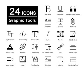 A set of 24 graphic tools icons as bold letter, underline, inverted double comma