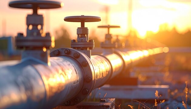 An industrial pipeline stretches towards the sunset, its control valves visible, symbolizing the crucial flow of energy and resources across global infrastructure