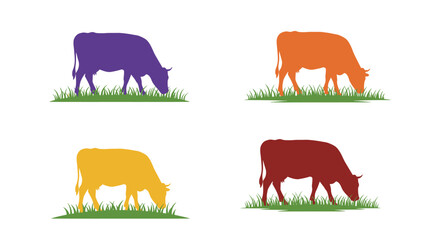 Colorful silhouettes of grazing cows in a field of green grass