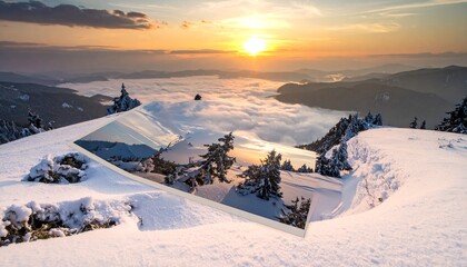 Majestic snow-covered mountain peaks bathed in the warm glow of a setting sun, overlooking a sea of clouds