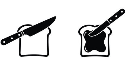 Simple black and white illustration of toast with a knife and spread