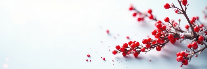 Crisp white background, vibrant red and white Christmas tree, shiny red berries , clean, shiny, winter holiday