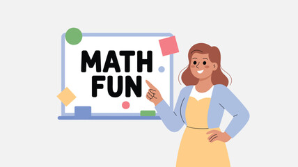 Engaging teacher pointing at "MATH FUN" on a whiteboard, promoting enthusiastic learning.