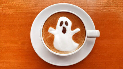 Top view of cafe latte in white cup with Halloween-themed latte art on vintage orange table. The white cup features a spooky halloween ghost design on milk foam. Generated image	 