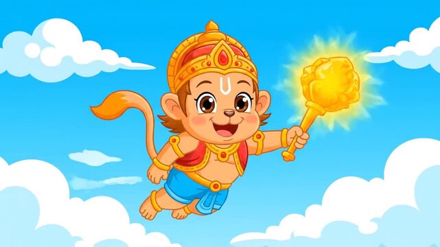 cute cartoon hanuman flying with mace