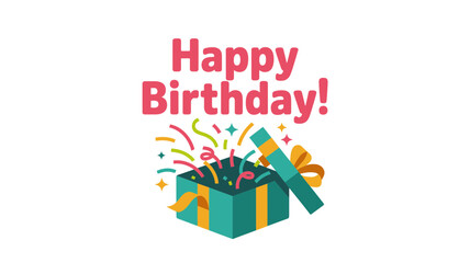 Exciting birthday surprise bursting from an open gift box with confetti and streamers.