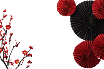 Red flowers and dark paper fans on black