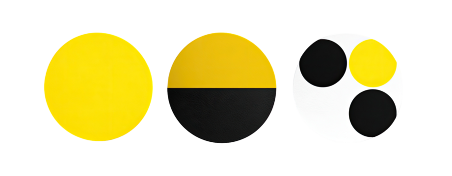 Three circular shapes, yellow, yellow-black, and yellow-black-white