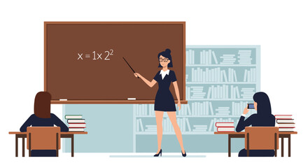 Teacher explaining mathematical equation on the blackboard to students.