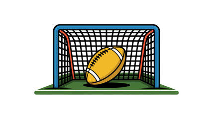 American football poised to enter a soccer goal on a green field