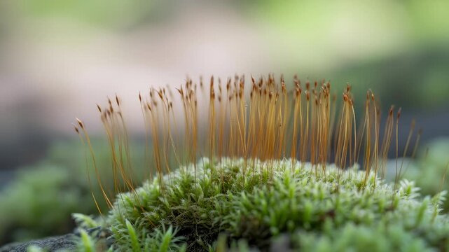 Moss Growth With Sporophytes Moving in Gentle Breeze, Close Up