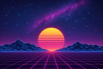 Retro futuristic landscape with sunset background