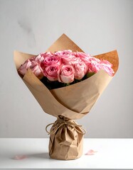Pink roses in brown paper wrap