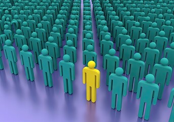 Fototapeta premium 3D Render Crowd of Teal Figures with One Yellow Figure on Violet Backdrop