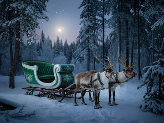 Green sleigh pulled by two reindeer in a magical snowy winter forest under a full moon at night