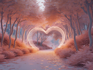 Romantic glowing heart archway illuminating a dreamy pink forest path during a magical sunset