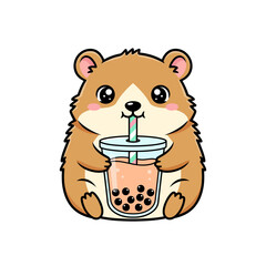Cute Hamster Drinking Boba Bubble Tea Kawaii Cartoon Art