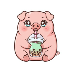 Cute Piglet Drinking Matcha Boba Tea Kawaii Cartoon Art