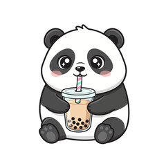 Chubby Panda Bear Drinking Boba Bubble Tea Kawaii Cartoon