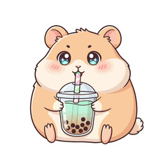 Adorable Hamster Drinking Matcha Boba Tea Kawaii Cartoon
