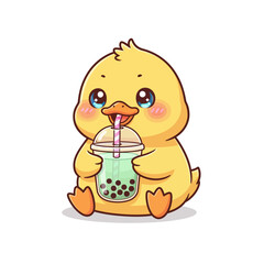 Cute Duckling Bird Drinking Matcha Boba Tea Kawaii Cartoon