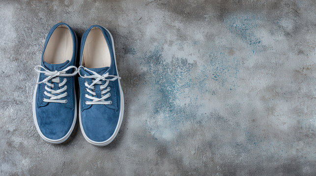 Pair of blue denim canvas shoes on a textured gray background