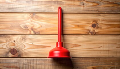 Red Plunger on a Weathered Wooden Surface Overhead View Studio Shot Clean Background