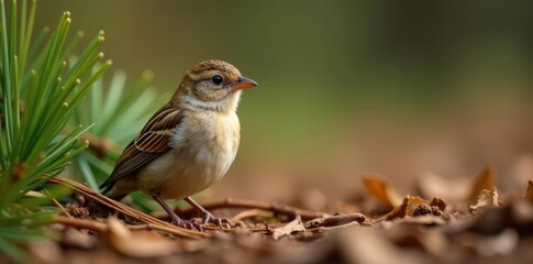 Fototapeta premium Brown sparrow hidden amongst pine needles, perfect camouflage , close-up, environment, hidden