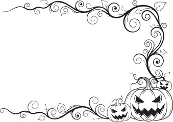 Spooky Halloween pumpkin border design with ornate swirls and creepy carved faces perfect for festive invitations and seasonal decor