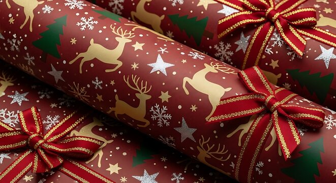 A close-up shot of several Christmas crackers adorned with festive reindeer, snowflakes, and Christmas trees on a deep red background.