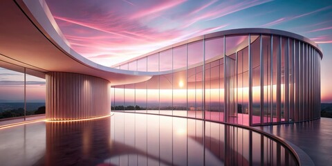 Obraz premium Modern Architectural Design Panoramic Sunset Views from a Curvilinear Glass Structure with Interior Water Feature