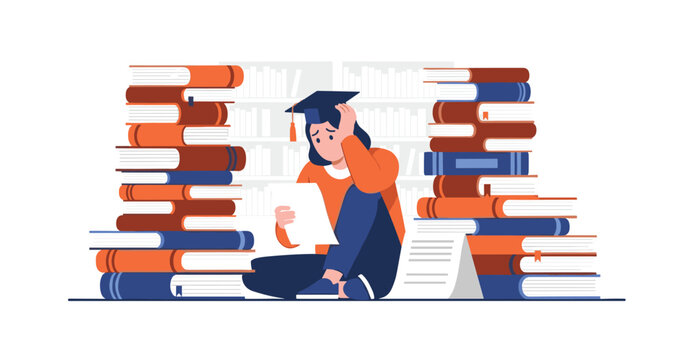 Stressed Student Studying Overwhelmed by Large Pile of Books and Study Materials