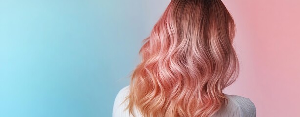 Fototapeta premium Back View of Woman With Wavy Rose Gold Hair Against Pink and Blue Gradient Background
