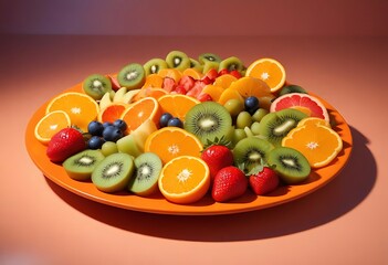 Vibrant platter of fresh sliced fruits including kiwi oranges strawberries and blueberries