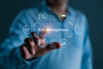Risk management concept with futuristic digital interface, warning icons, shield symbol, checklist, growth analytics and umbrella icon for corporate protection strategy