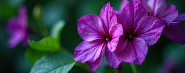 Fototapeta premium Intense violet petals, lush green leaves, close-up detail, garden, detail, photography