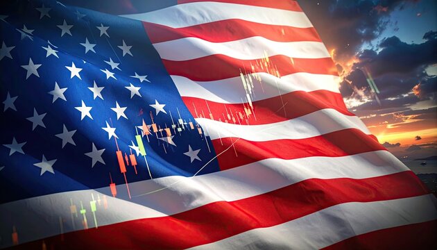 American Flag Waving Over Stock Market Graph With Dramatic Sunset Sky And Clouds Symbolizing Economic Growth And National Pride